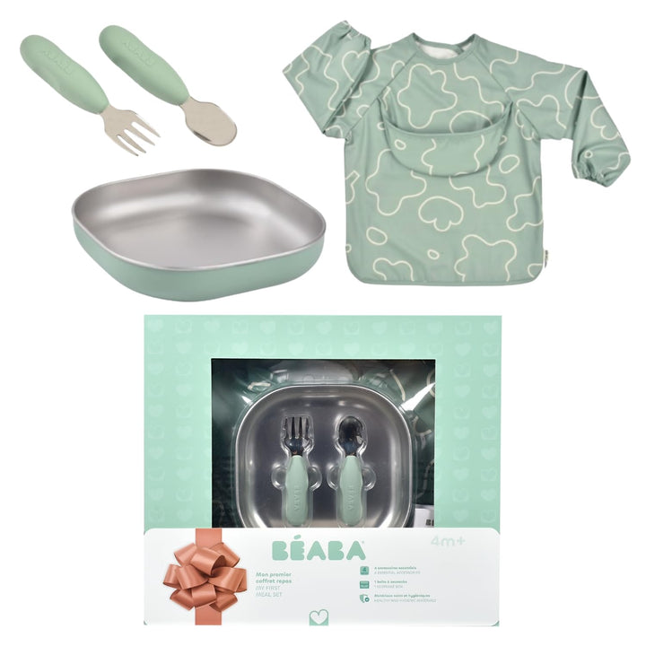 BÉABA Baby-Essensset Geschenkset ab 4 Monaten – Edelstahl-Teller mikrowellengeeignet, Ergonomisches