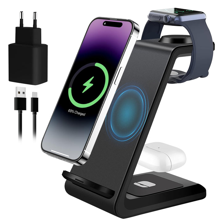 Induktive Ladestation, 3 in 1 Kabelloses Ladegerät für iPhone 16/15/14/13/12/11/Pro/Max/X/8/Plus, Ha