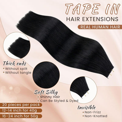 Hetto Tape Extensions Echthaar 55cm Schwarz Haarverlängerung Tape in Echthaar Remy Tape in Extension