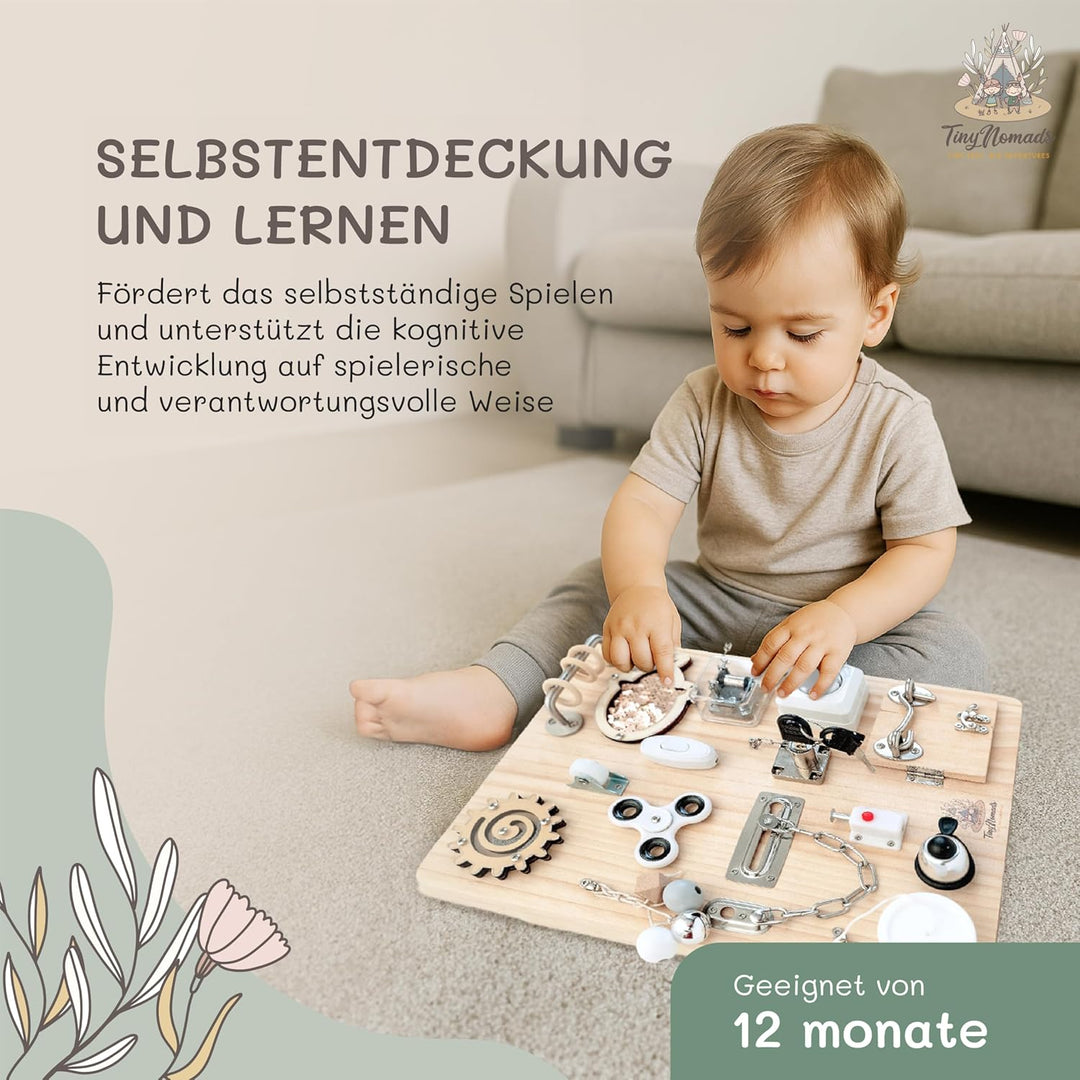 Tiny Nomads Montessori Busy Board motorikbrett ab 1 2 3 4 Jahr - Motorikboard für Baby Sensorik Acti