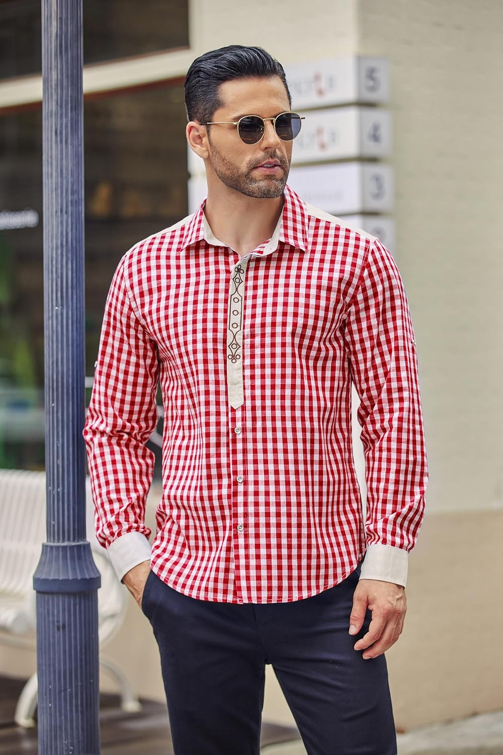 COOFANDY Herren Langarm Trachtenhemd Karriert Oktoberfest Hemd Regular Fit Karohemd Freizeithemd Pla