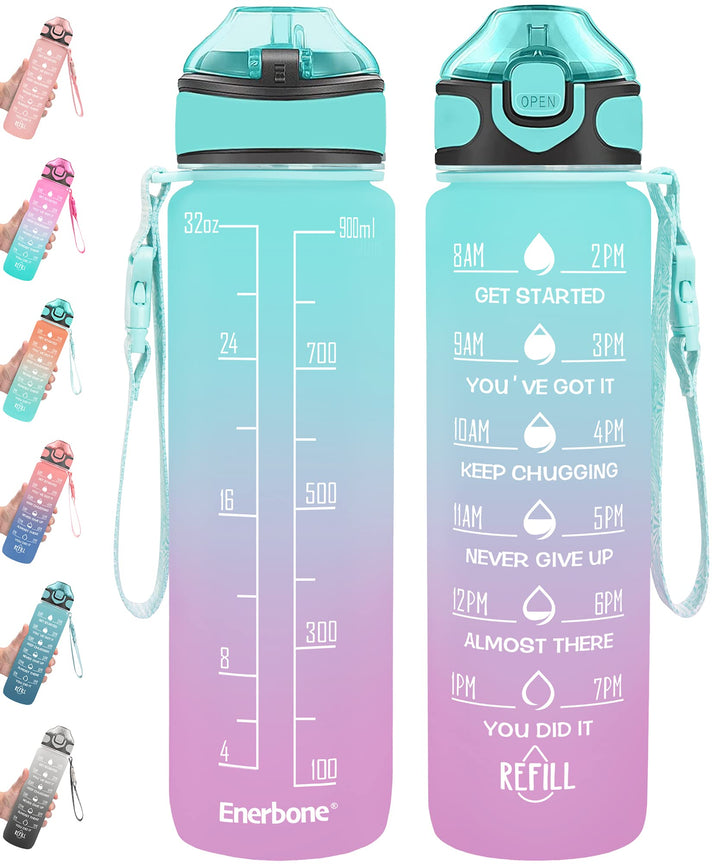 Enerbone Trinkwasserflasche, 900 ml, mit Trinkzeiten und Strohhalm, motivierend, mit Tragegurt, ausl