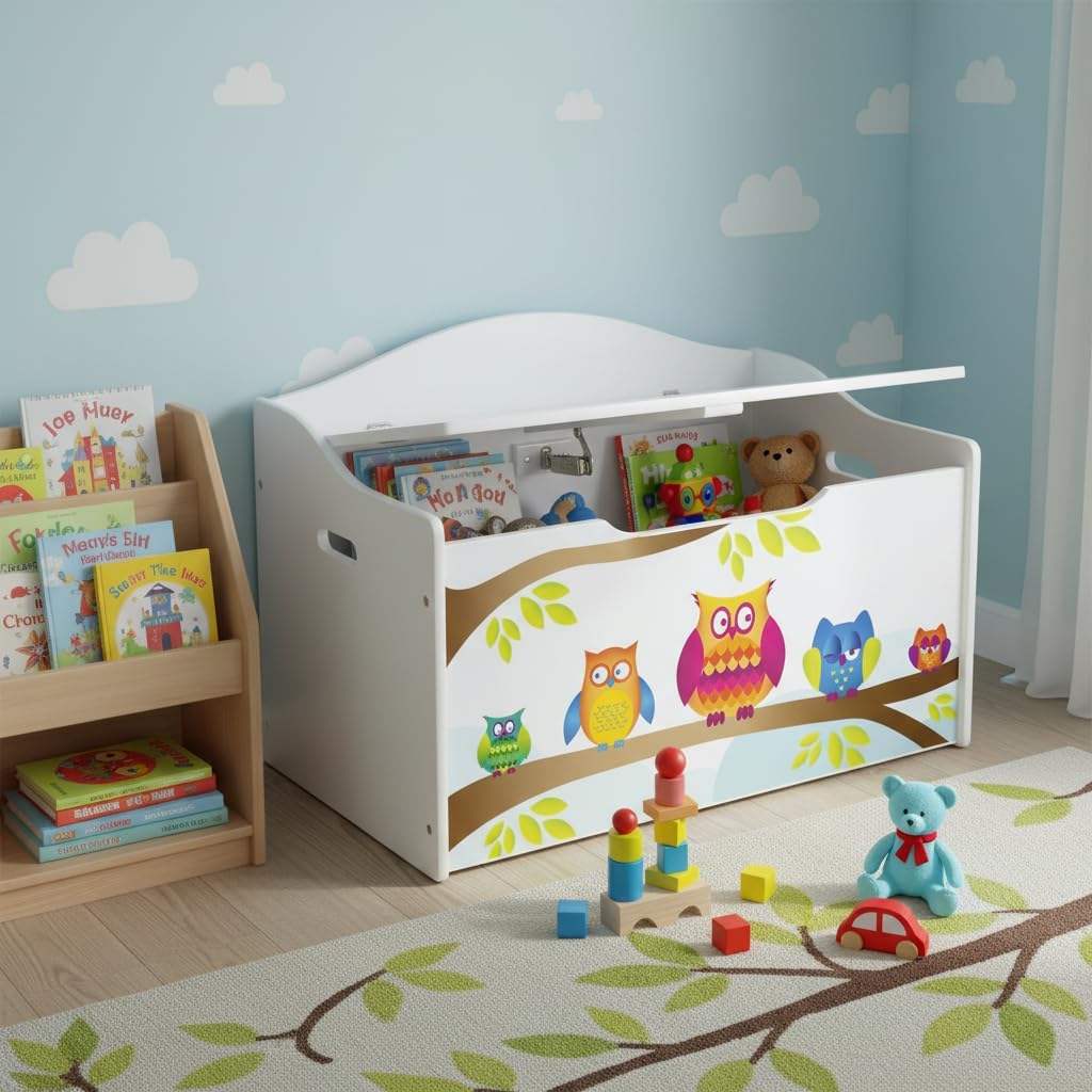 Leomark Kinderbank Hölzerne - Eulen XL - Kindertruhenbank, Behälter für Spielzeug, Truhe für Kinderz