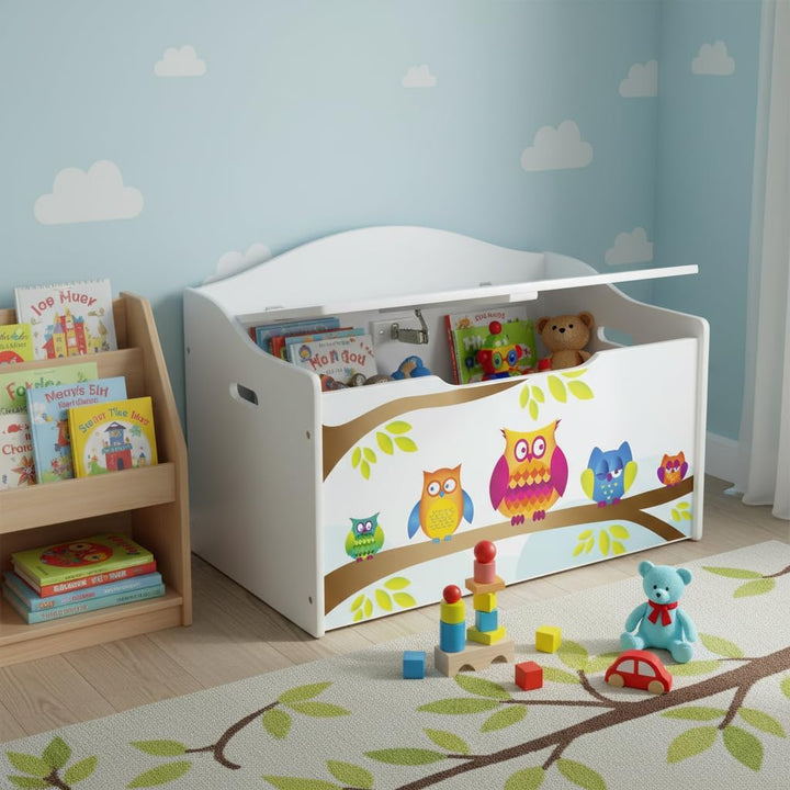 Leomark Kinderbank Hölzerne - Eulen XL - Kindertruhenbank, Behälter für Spielzeug, Truhe für Kinderz