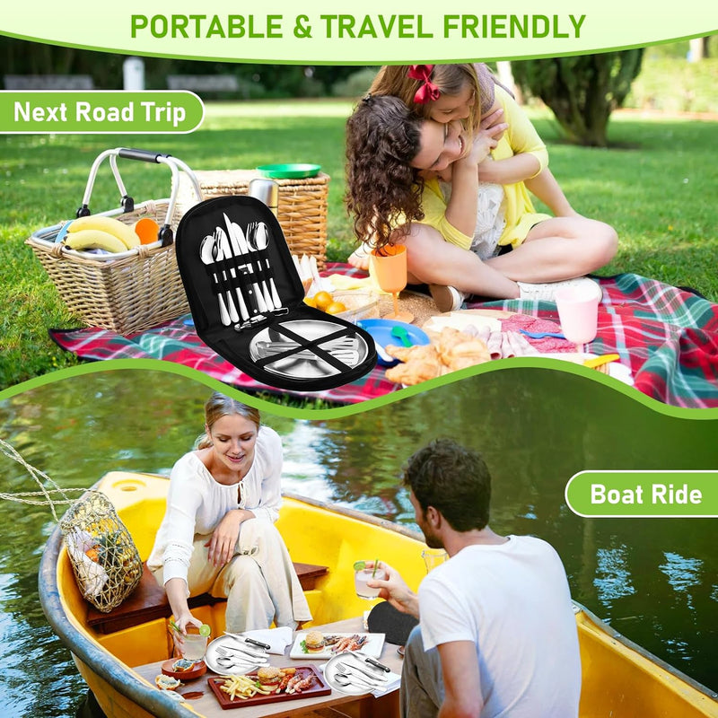 Camping Geschirr Set 2 Personen 14-teilig, Picknick Set, Edelstahl Outdoor Geschirr für Outdoor, Cam