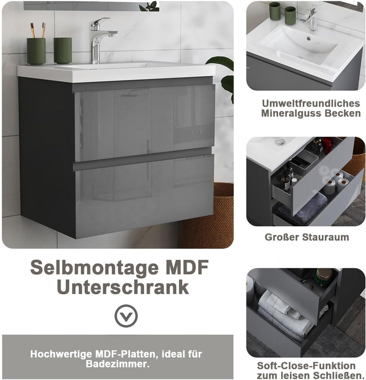 Aica Sanitär Waschtisch mit Unterschrank 60cm Alast Badmöbel Set Hochglanz Anthrazit Waschbecken Dic
