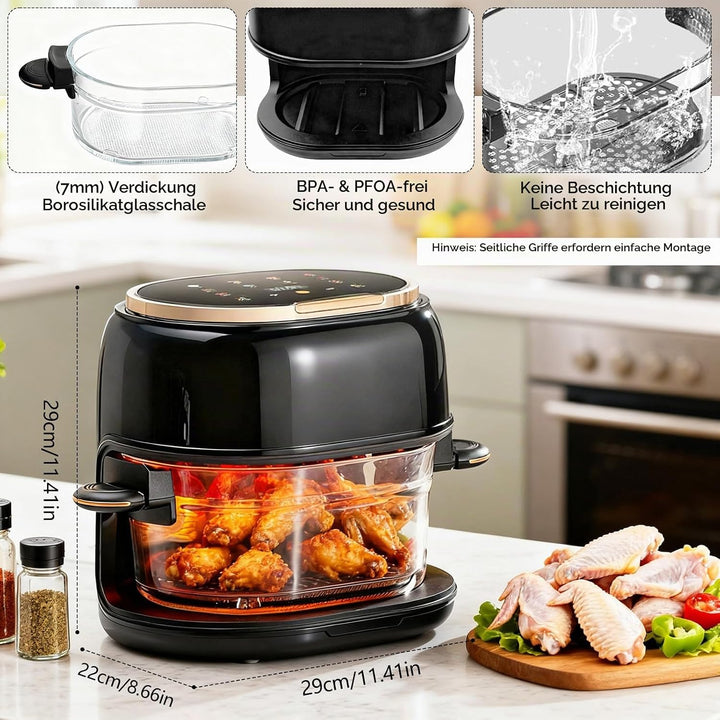 Heissluftfritteuse 5L, spülmaschinenfest Glaskorb, Sichtfenster &amp; Touchscreen, 8 Smart Programme, 1–