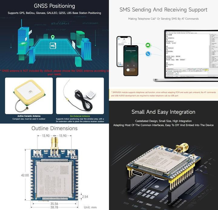 Waveshare SIM7600G-H 4G-Module, Support GNSS Positioning/4G/3G/2G, Support Windows/Linux Dial-up Int