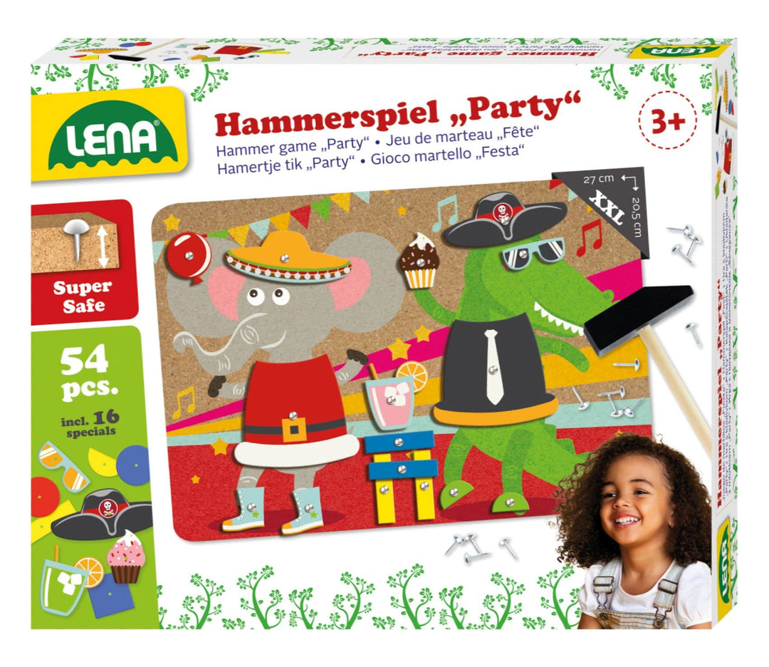 Lena 65835 - Hammerspiel Party, Nagelspiel mit 38 farbigen Teilen & 16 Sonderteile, XXL Grundplatte