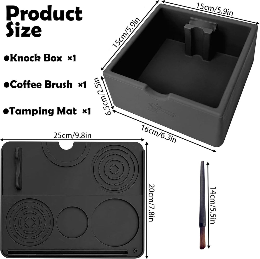 3 Stück Silikon Abklopfbehälter Set für Siebträger - Inkl. Schwarz Tampermatte (25x20cm), Knock Box
