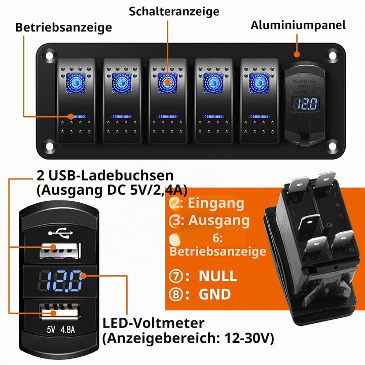 12V/24V Schalter Panel Schaltpanel, Dual-USB-Ladegerät 4.8A LED Voltmeter, Zigarettenanzünder 5 Kipp