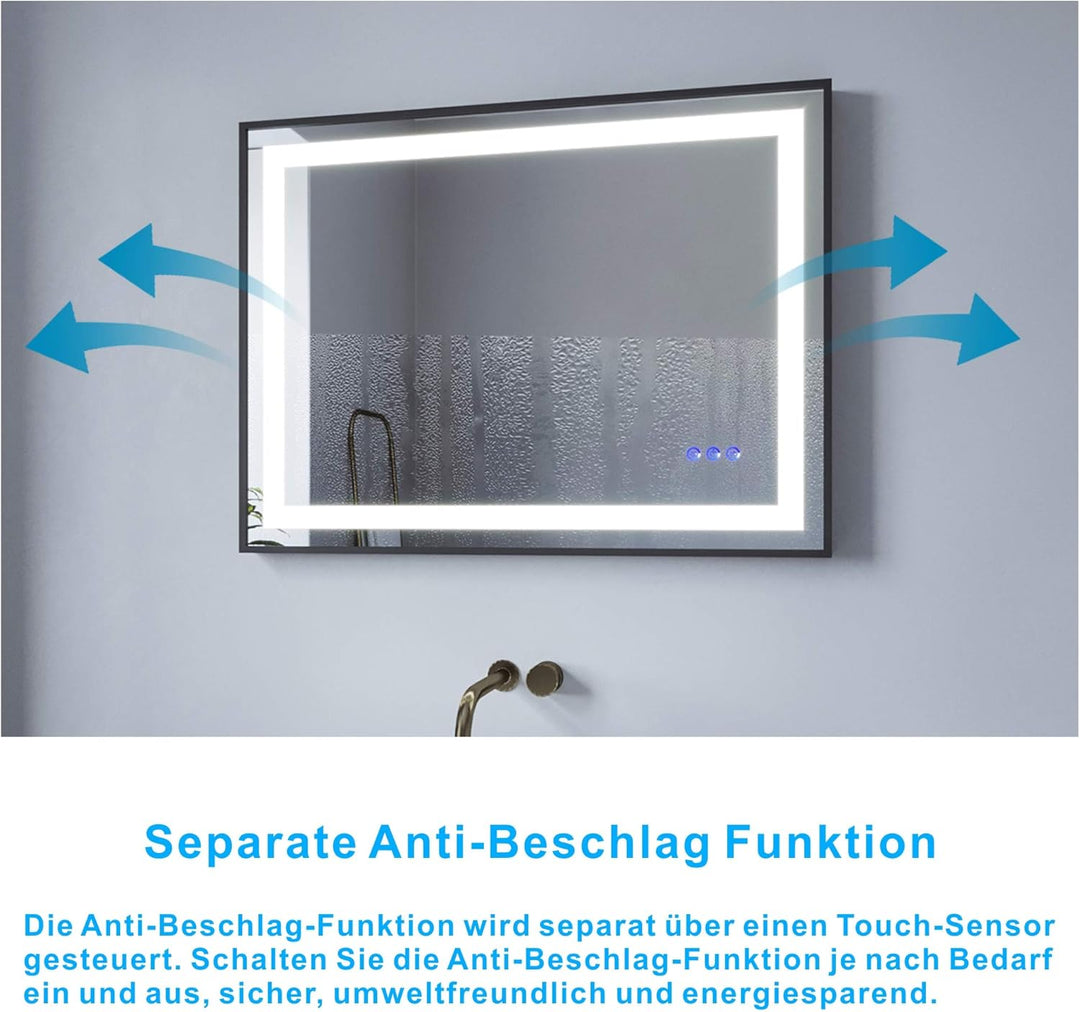 Lichtspiegel 80x60 cm Wandspiegel Schwarz matt Rahmen Badspiegel mit Beleuchtung Lichtschalter Badez