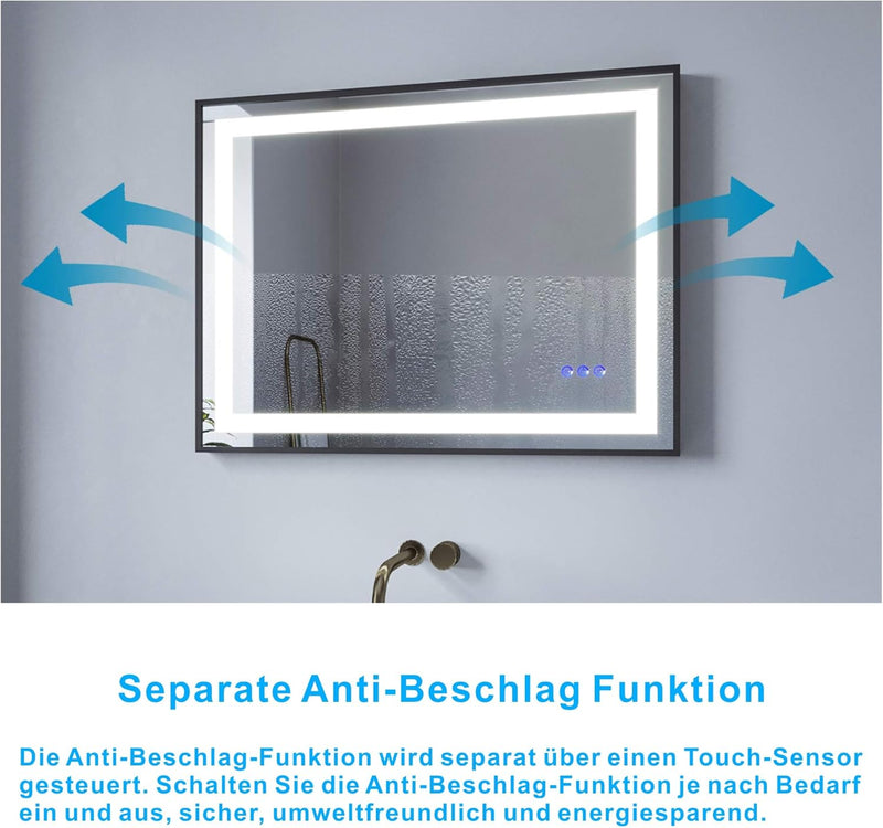 Lichtspiegel 80x60 cm Wandspiegel Schwarz matt Rahmen Badspiegel mit Beleuchtung Lichtschalter Badez