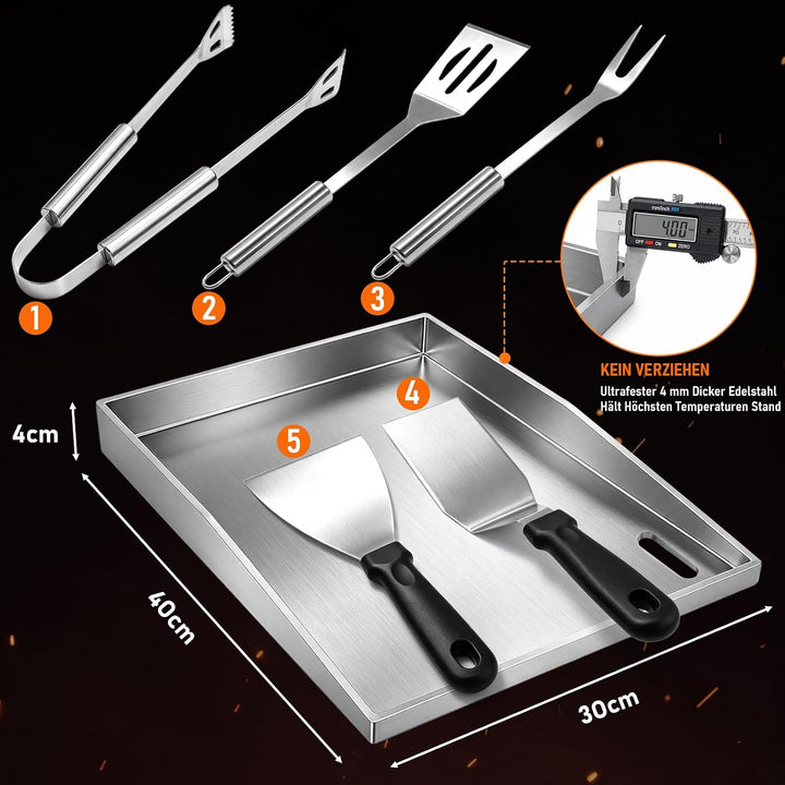 Plancha Grillplatte Set 40 x 30cm, 4mm Edelstahl Grillplatte mit 5 Stücke BBQ Grillbesteck Set Dicke