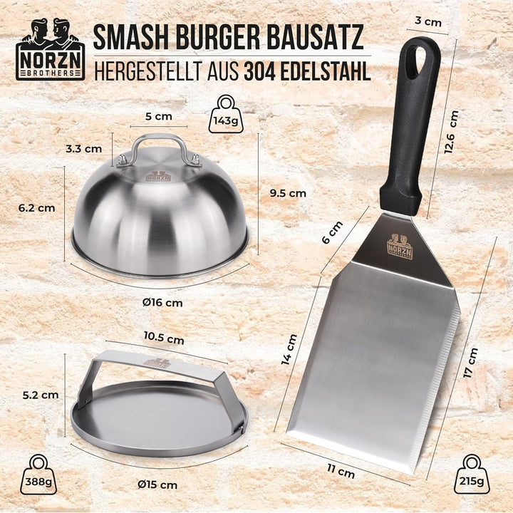Smash Burger Set – Burger Smasher Set inkl. Hamburgerpresse, Burgerglocke Edelstahl 304, Grillspacht