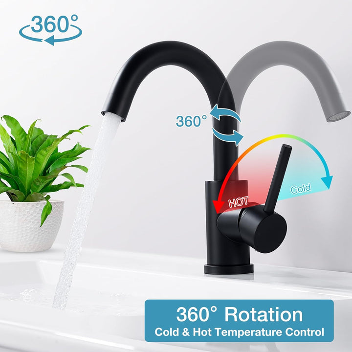 Schwarz Wasserhahn Bad 360° Drehbar, Edelstahl Waschtischarmatur Armaturen Waschbecken Hoch, Einhebe