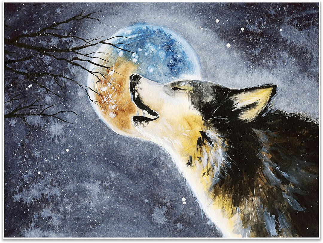 wandmotiv24 Poster als Wanddeko, Grösse 80x60cm, Heulender Wolf, Gemälde, Mond, Mitternacht, Tier, M