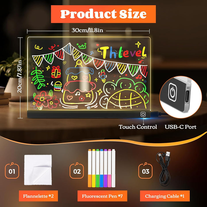 Thlevel LED Zeichentafel Transparente Acryl Maltafel 30x20cm mit 7 Farben unt Schalter Abwischbar No