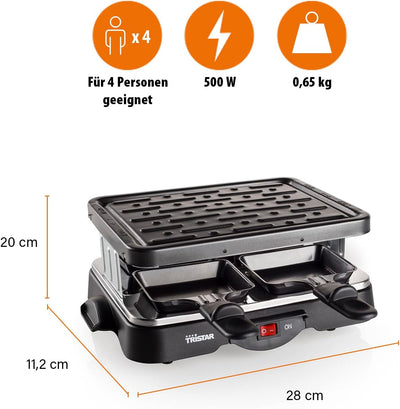 Tristar Raclette-Grill für bis zu 4 Personen, 4 Pfännchen, 500 Watt, RA-2949