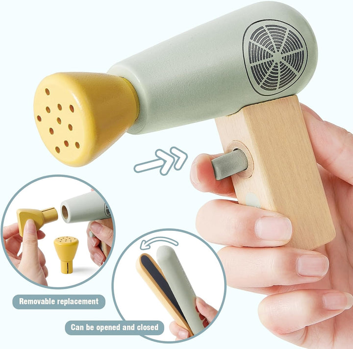 Holz Friseur Set Kinder mit Haartrockner Glätteisen Kamm Haarstyling Rasierzubehör Salon Friseur Zub