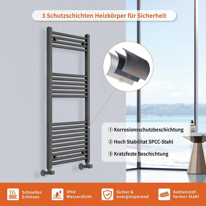 Badheizkörper Seitenanschluss 1200x500mm, 500W Handtuchheizkörper & Handtuchtrockner, Einfach Instal
