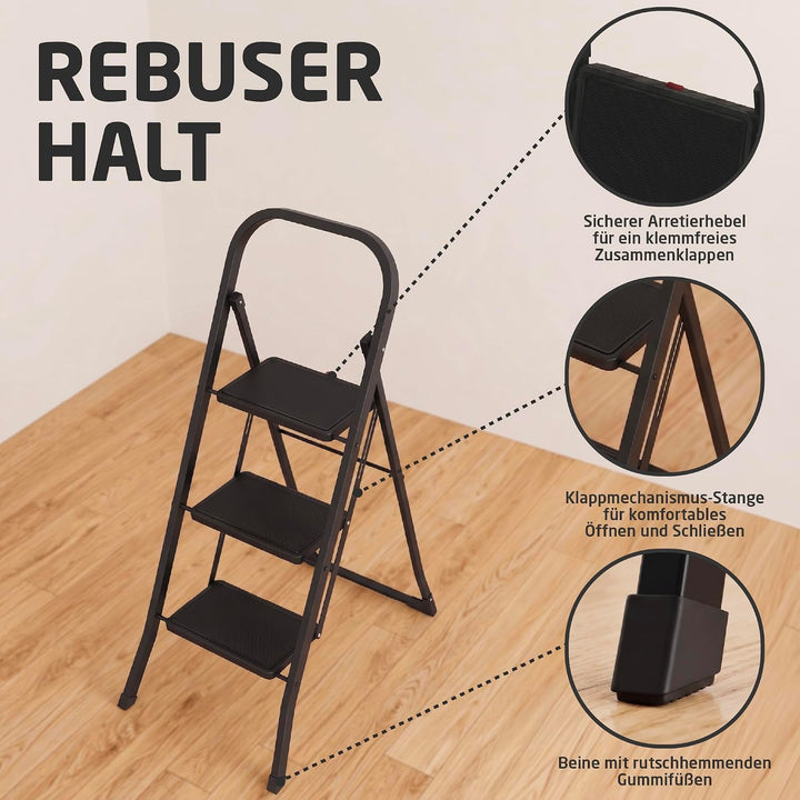 Amig Klappleiter 3 Stufen Schwarz Stahl 106x72x46 cm | Lasche für einfaches Zusammenklappen. Rutschf