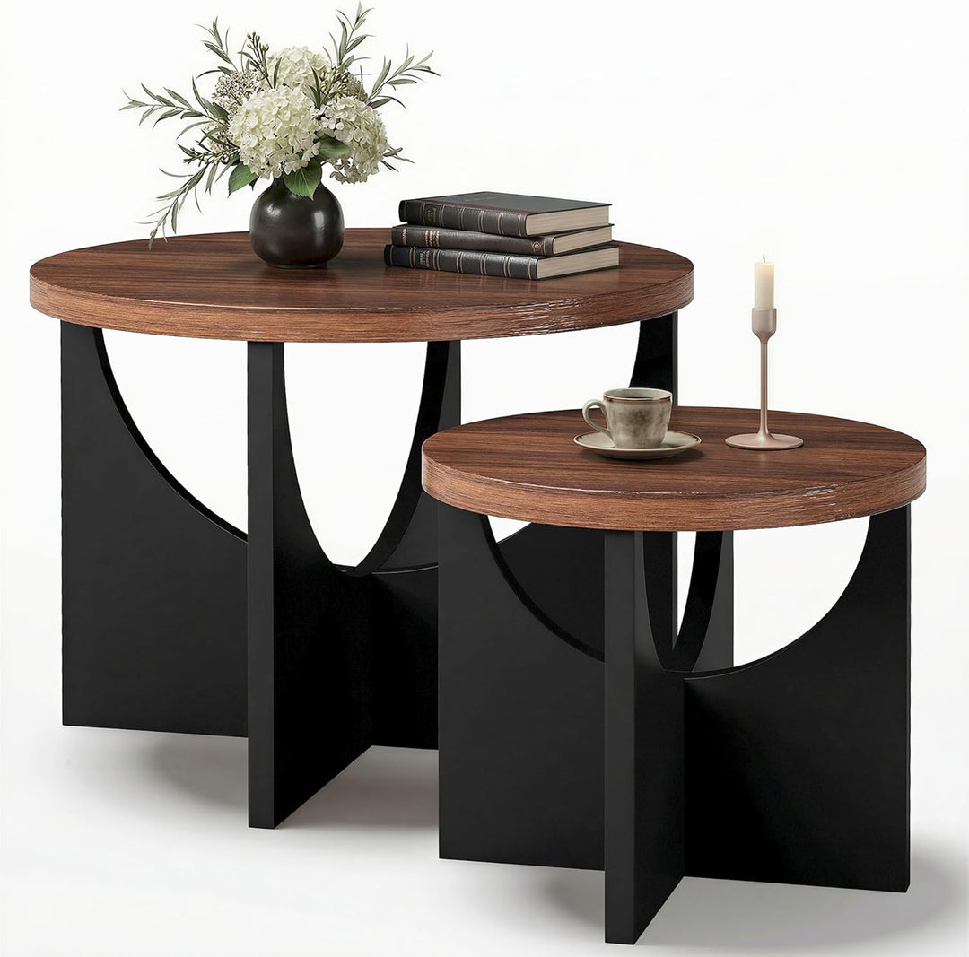IRONCK Nestingtisch Set aus 2, Couchtisch rund, Moderner Couchtisch aus Holz für Wohnzimmer & Schlaf