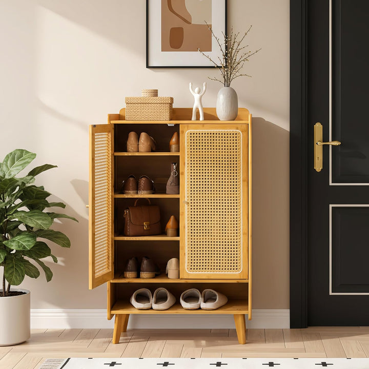 Schuhschrank Holz mit Korbgeflecht-Türen, Moderner Bambus Schuhschrank mit 5 Ebenen, Schuhregal mit