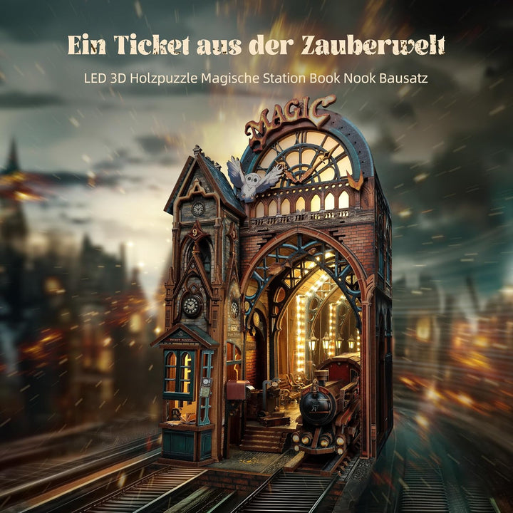 FUNPOLA LED 3D Puzzle Magische Station Book Nook Kit - Interaktives 3D Holzpuzzle LED Magische Minia