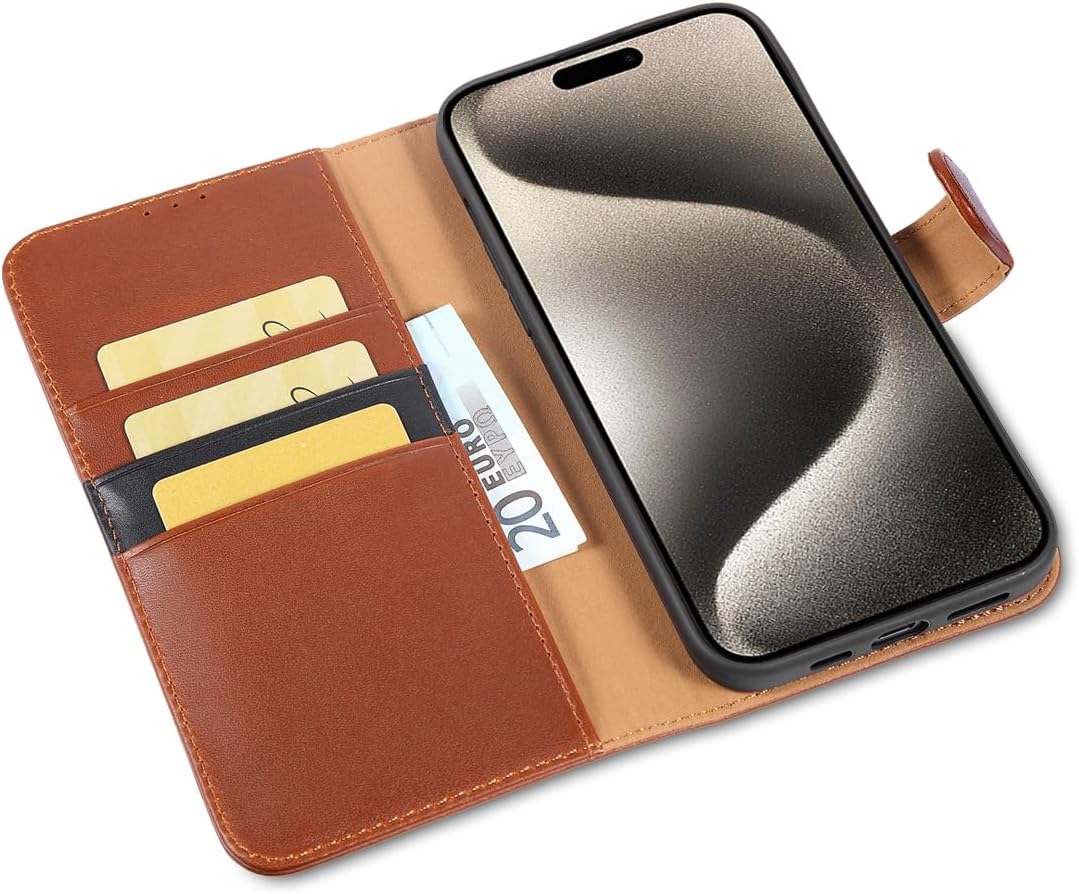 LENSUN Echtleder Hülle für iPhone 15 Pro Max, Handyhülle [Echtes Leder][Kartenfach][RFID Schutz] Han