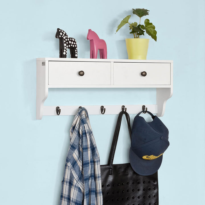 SoBuy® FRG178-W Wandschrank Wandgarderobe Wandregal Hängeregal mit 2 Schubladen und 5 Haken MDF weis