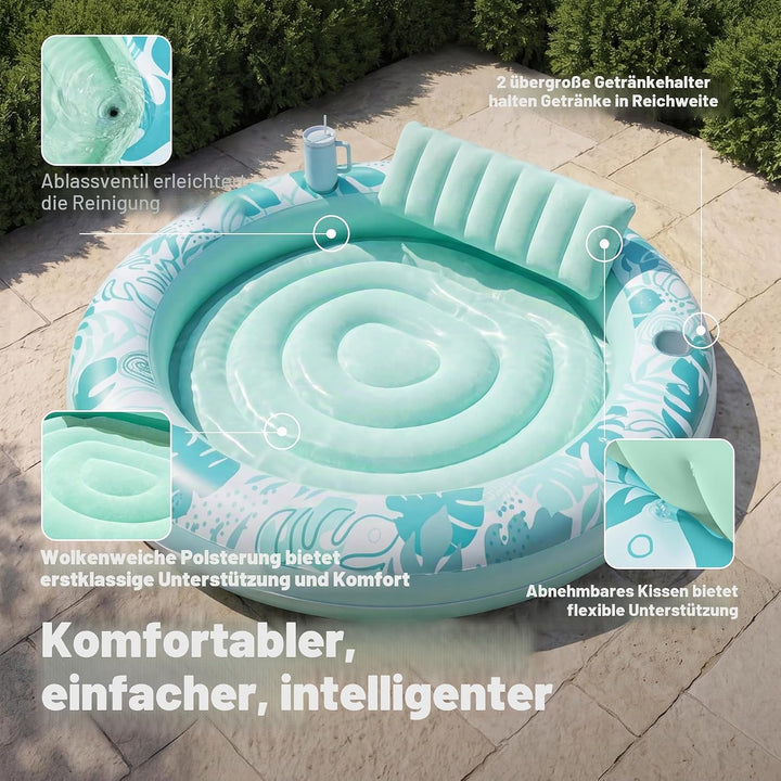 Sloosh Aufblasbare Sonnenpool,Luftmatratzte Pool 183 x 165 cm, Schwimmring für Erwachsene mit Kissen