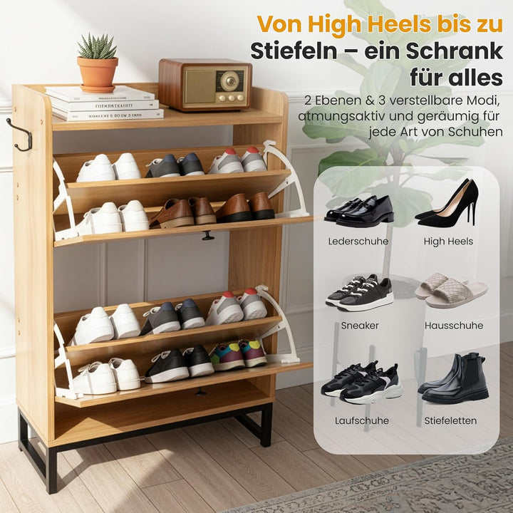 Rattan Schuhschrank Schmal, 2/4 Klapptüren, Platzsparender Schuhkipper mit verstellbaren Böden, 23,8