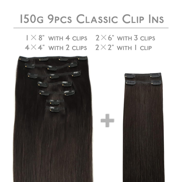 WENNALIFE Haarverlängerung mit Clip, Naturhaar, 150 g, 55 cm, 9 Stück, dunkelbraun, Extensions, Echt