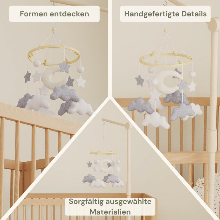 Mondwolke Baby Mobile für Babybett, handgemachtes Filz Mobile Baby in Grau und Weiss, Mobile Babybet
