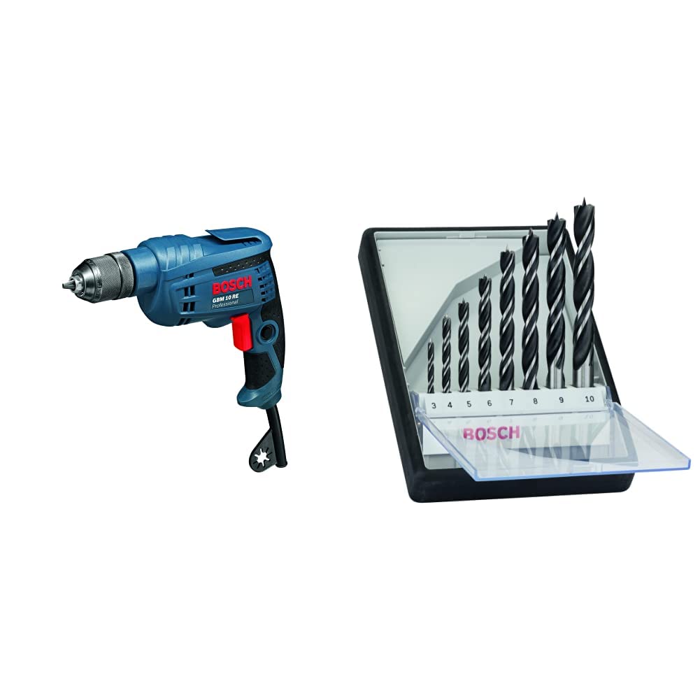 Bosch Professional Bohrmaschine GBM 10 RE (600Watt, 1-10 mm Schnellspannborhfutter,im Karton) + 8tlg