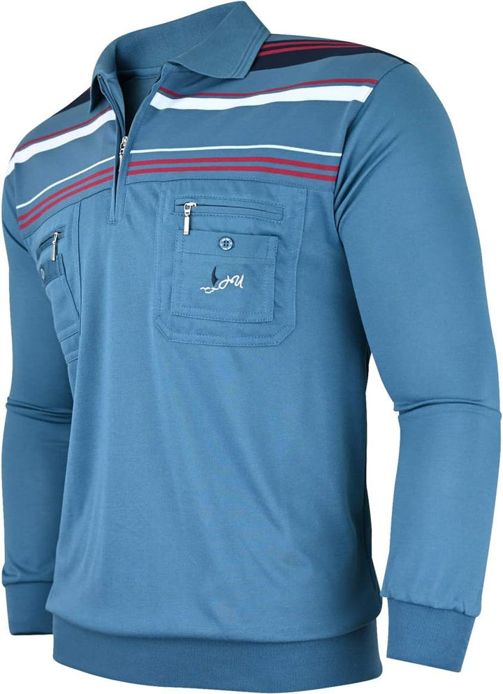 Soltice Herren Langarm Poloshirt mit Brusttasche, Polohemd mit kariert, Gestreiftem Kragen, Blousons