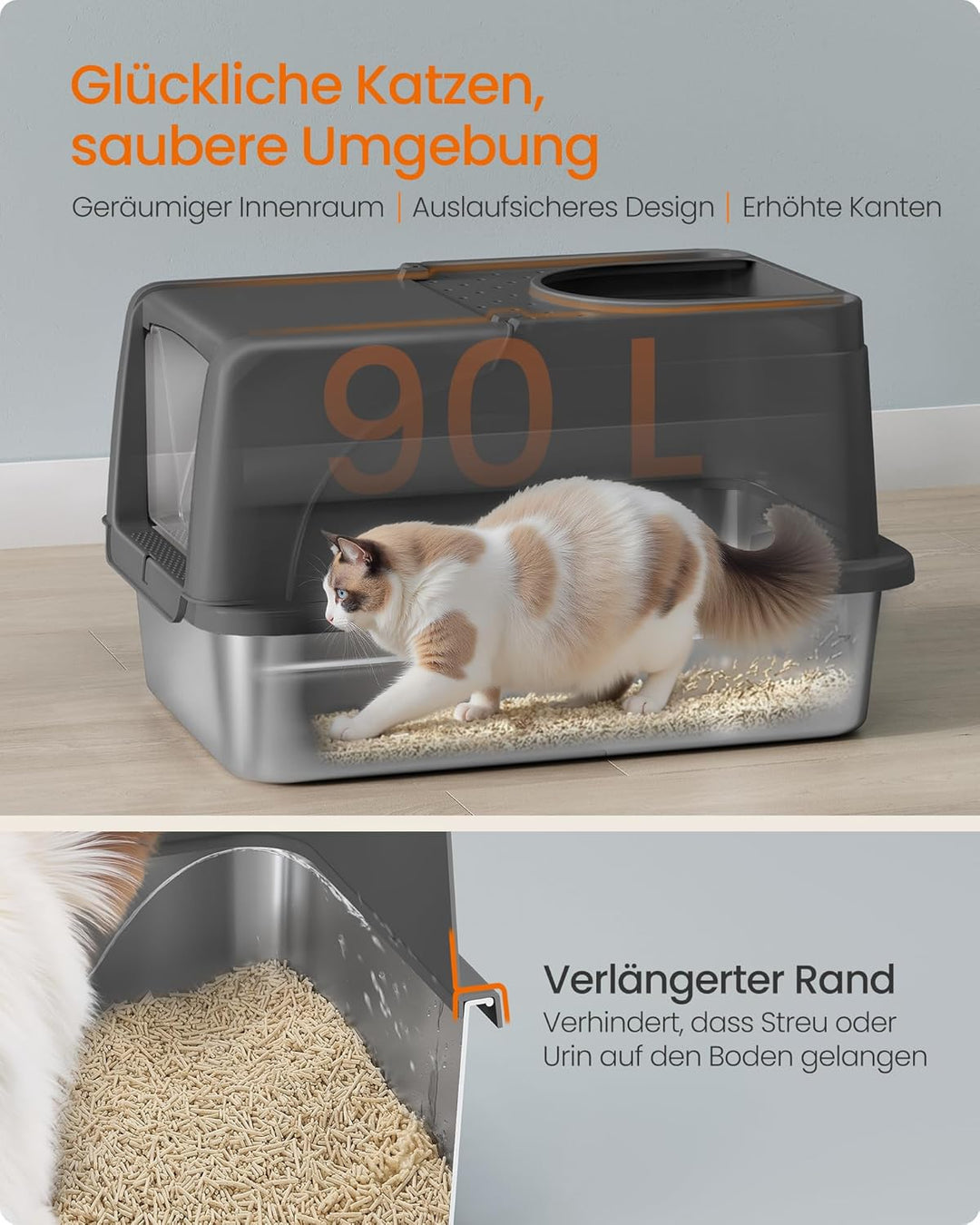 Feandrea Katzenklo Edelstahl, XL, Katzentoilette mit Deckel, mit Schaufel, Bürste und 2 Eingängen, f