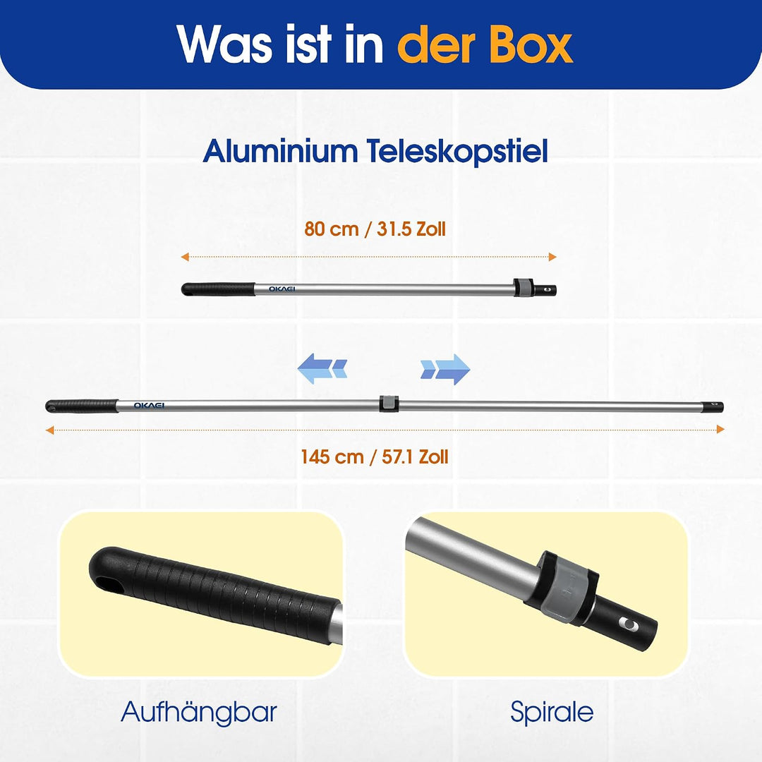 OKAEI Mophalter 50 cm + Alu Teleskopstiel 80–145 cm – Set – Profi Bodenwischer-System mit 360° Drehk