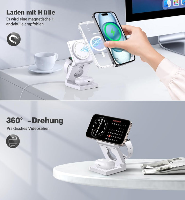 3 in 1 Induktive Ladestation Kompatibel mit Mag-Safe Ladegerät,Faltbare Wireless Charger Ladestation