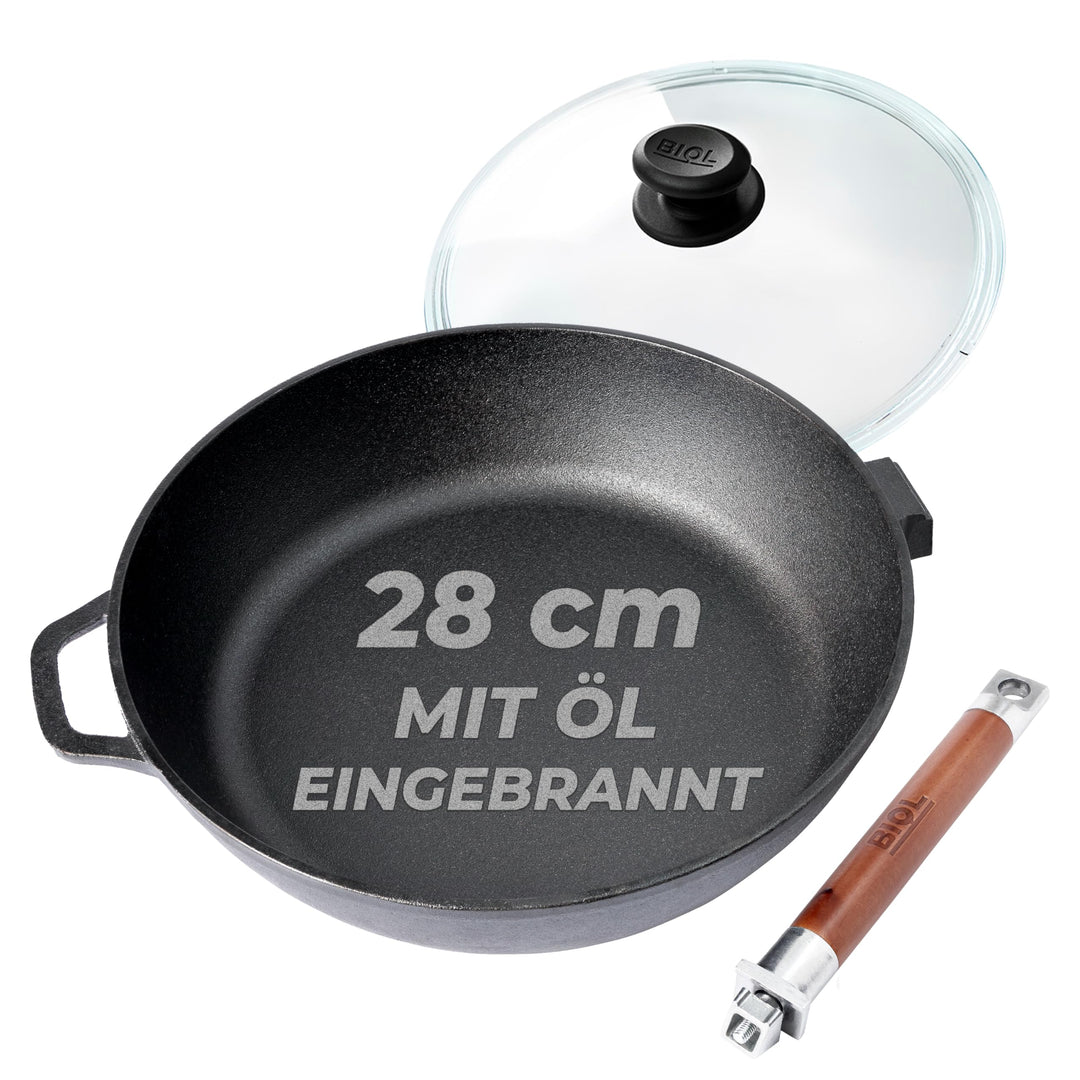 BIOL Gusseisenpfanne 28 cm mit Glasdeckel – tiefe Bratpfanne | Abnehmbarer Holzgriff, Ohne Beschicht