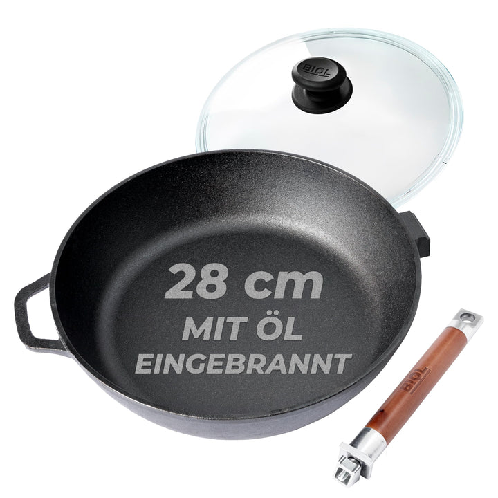 BIOL Gusseisenpfanne 28 cm mit Glasdeckel – tiefe Bratpfanne | Abnehmbarer Holzgriff, Ohne Beschicht