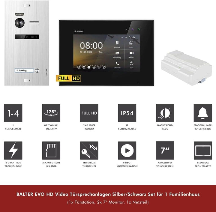 Nonic Balter EVO HD Silber/Schwarz Video Türsprechanlage Set für 1 Familienhaus (1x Türstation mit F