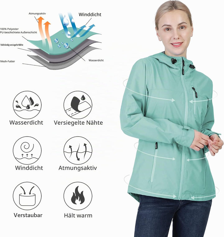 Outdoor Ventures Damen Regenjacke 10000MM Wasserdicht Leichte Gefüttert Packbar Sportjacke Funktions