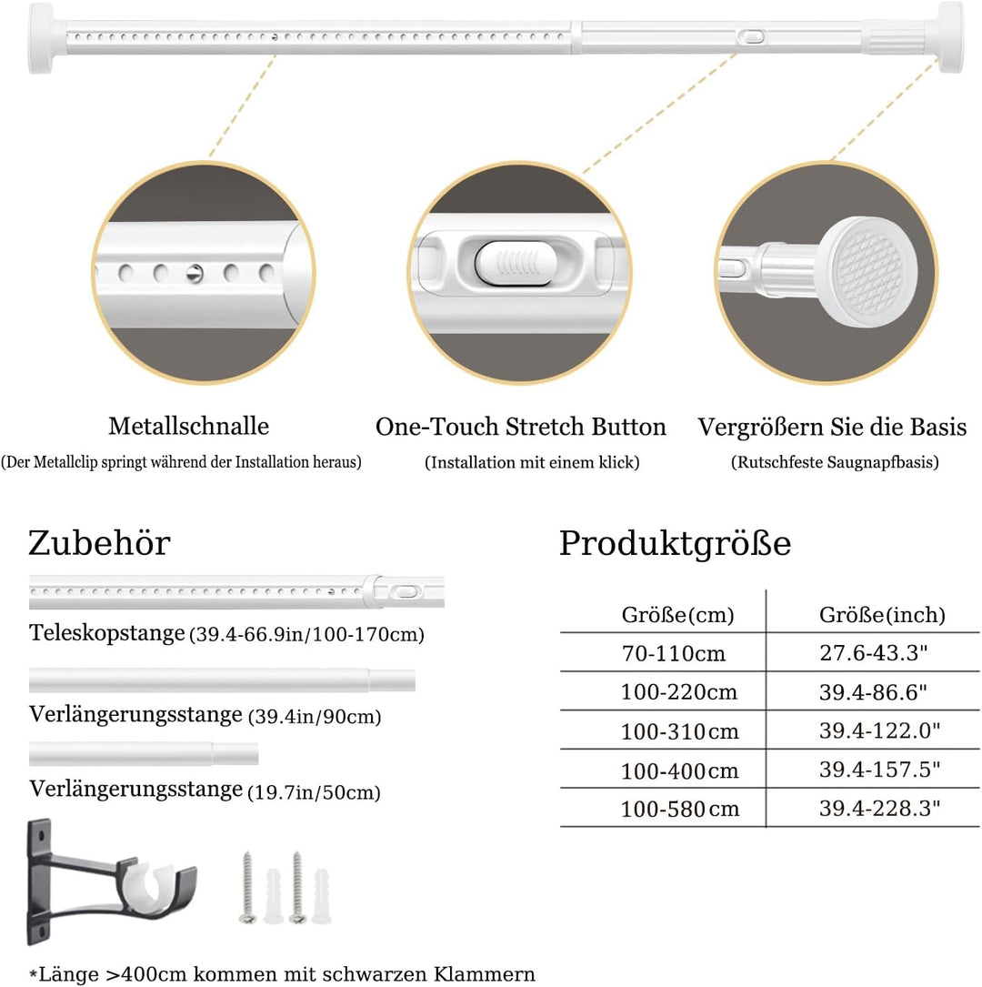 Gardinenstange ohne Bohren 300-400cm, Ø32mm Weiss Multifunktionale Vorhangstange zum Einklemmen - Au