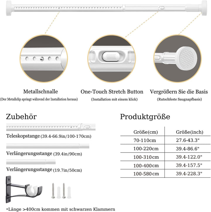 Gardinenstange ohne Bohren 220-300cm, Ø32mm Weiss Multifunktionale Vorhangstange zum Einklemmen - Au