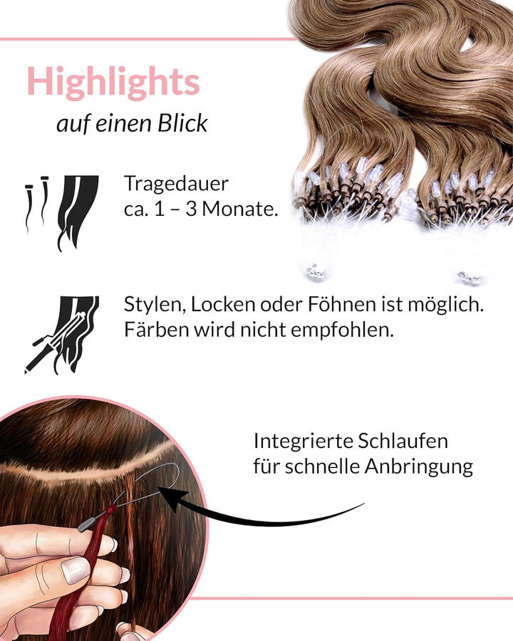 hair2heart Microring Extensions Echthaar Gewellt - 150 Strähnen 0.5g 40cm 8/1 hellblond asch 40cm 15