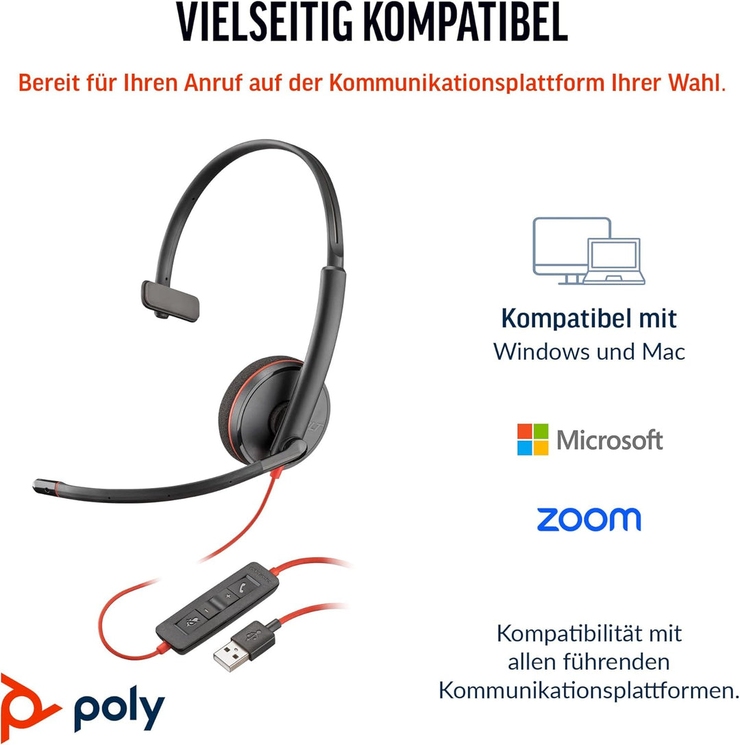 Schnurgebundenes USB-C-Headset Poly Blackwire 3210 – Noise Cancelling-Mikrofon – Ein-Ohr-Design – Ve