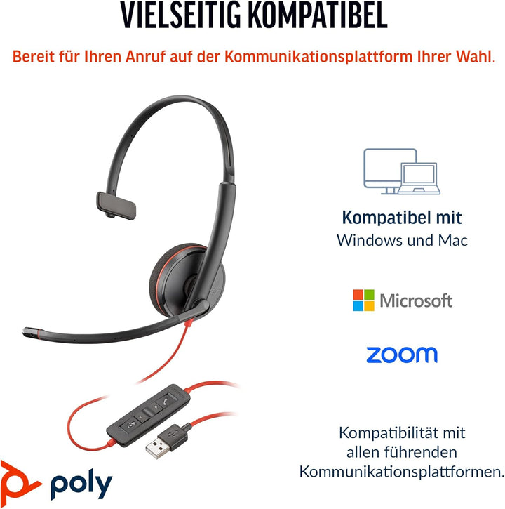 Schnurgebundenes USB-C-Headset Poly Blackwire 3210 – Noise Cancelling-Mikrofon – Ein-Ohr-Design – Ve