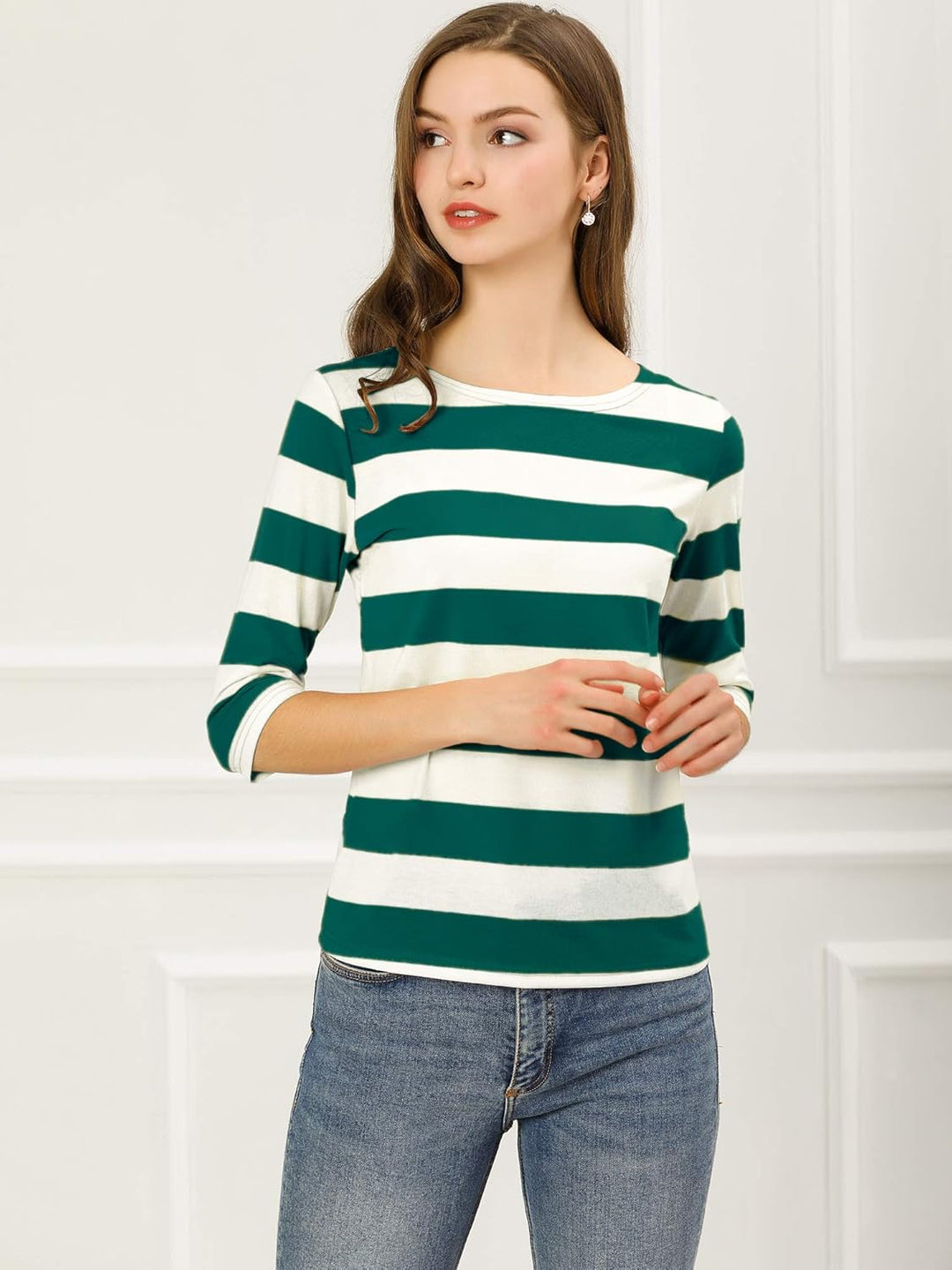 Allegra K Damen Gestreiftes Shirt U Boot Ausschnitt Halbarm Party Ferien Streifen Top Bluse S Grün W